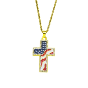 Collier Pendentif Croix Drapeau Américain Strass Émail Alliage Acier Inoxydable Chaîne Corde Hip Hop Homme