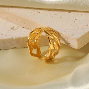 Adjustable Ring 18K Gold Plated Stainless Steel Cuban Chain Link Wide Open Design Minimalist Fashion Jewelry For Women