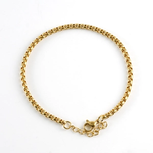 Detail of gold box chain bracelet featuring a lobster clasp and adjustable link chain