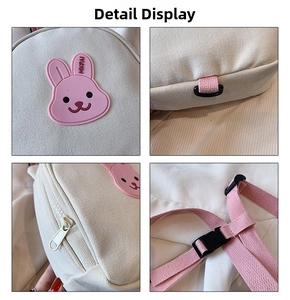 Detailed views of canvas backpack showing pink bunny patch and durable strap buckles