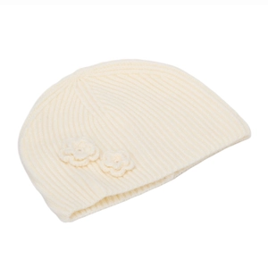 Detail showing cream knit texture and delicate crochet flowers on the beanie hat