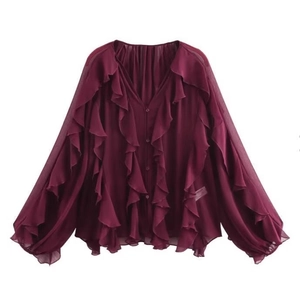 Fashionable wine red chiffon shirt with deep V-neck, ruffles, and lantern sleeves