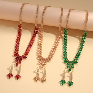 Parure luxe collier pendentif épi de blé en zircon et boucles d'oreilles rouge vert doré