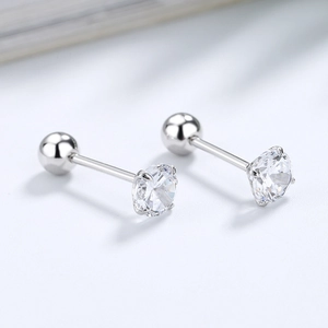 Minimalist four-prong silver stud earrings with sparkling round zirconia and screw back closure