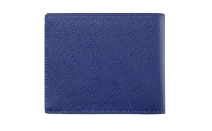 Close-up of blue crossgrain leather texture and fine stitching on men's slim wallet