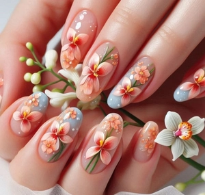 Gros plan d'ongles amande avec fleurs de lys 3D peintes à la main et pois blancs