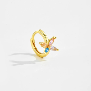 Detail of gold flower hoop earring with four colorful marquise-cut zircon stones