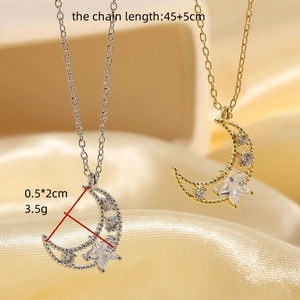 Elegant 14K gold and silver star moon pendant necklaces with zircon on silk fabric