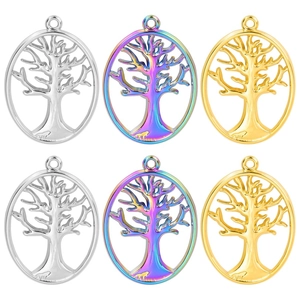 Tree Of Life Pendant Necklace Stainless Steel Hollow Oval Design 18K Gold Plated Iridescent Rainbow Jewelry Women
