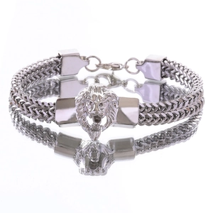 Mens stainless steel lion head wheat chain bracelet with secure lobster clasp finish