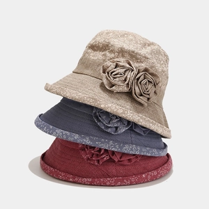 Women Cotton Linen Bucket Hat Floral Print Breathable Sun Protection With 3D Rose Flower Retro Wide Brim Outdoor