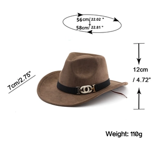 Brown faux suede cowboy hat with measurements and detailed metallic ring buckle