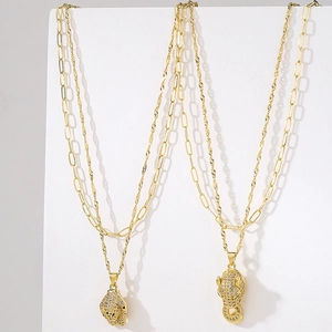 Leopard Head Pendant Double Layer Necklace Copper Gold Plated Zircon Paperclip Twisted Chain Fashion Jewelry For Women