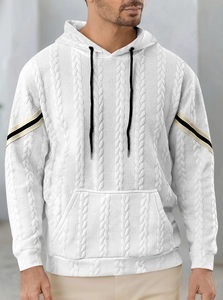 Detail of white cable-knit texture and black gold sleeve stripes on men hoodie
