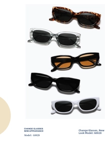 Close-up of five stylish narrow oval sunglasses in assorted frame colors and tints