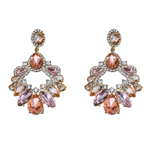 Vintage oversized gold earrings with pink crystals and hollow round fringe design