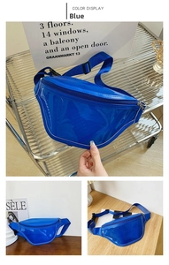 Detail view of the bright blue transparent PVC chest bag with adjustable strap and buckle
