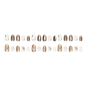 Press-on nails with champagne gold cat-eye, pearls, 3D hearts, and bow designs
