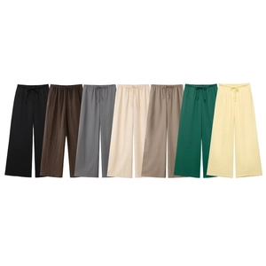 Pantalon large en lin avec taille élastique à cordon en sept coloris naturels à plat