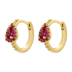 Elegant gold teardrop earrings with pink crystals and rose red drop stones in 45-degree view