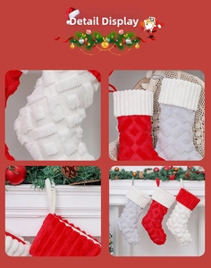 Detailed view of plush red, white, and grey Christmas stockings with diamond pattern texture