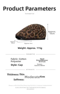 Size chart showing leopard print flat cap dimensions and premium cotton blend material