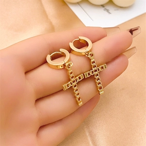 Polished gold cross pendant earrings with chain detail and hoop closure for women and men