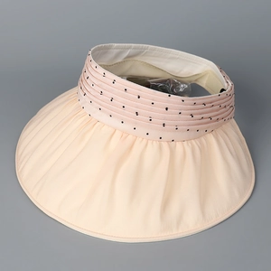 Pale pink organza open top sun hat with polka dot trim and wide pleated brim