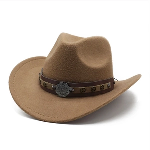 Western Cowboy Hat Vintage Woolen Felt Ethnic Style Wide Brim Fedora With Leather Belt Metal Star Rivets For Women Men