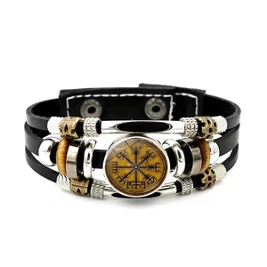 Viking Vegvisir compass leather bracelet with multi-layer braided straps and alloy beads