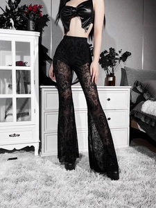 Women Black Lace See Through Flare Pants High Waist Gothic Mesh Trousers With Cross Baroque Pattern Sexy Slim Fit