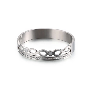 Silver stainless steel infinity bracelet with shell inlays and pavé crystal edges