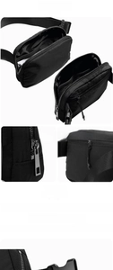 Detail of waterproof nylon waist bag showing inner mesh pocket and adjustable buckle strap