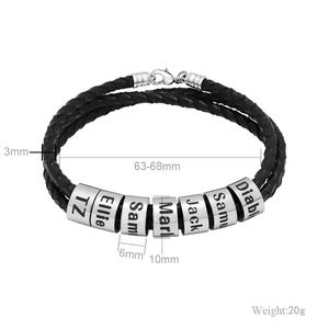 Vue détaillée du bracelet en cuir tressé avec perles personnalisables et dimensions