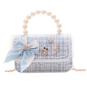 Mini light blue tweed girls' handbag with pearl handle and metal chain strap
