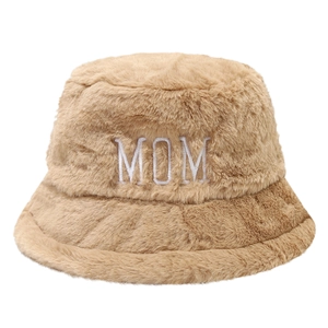 Plush camel winter bucket hat featuring soft faux fur texture and white MOM embroidery