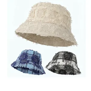 Vintage Plaid Polyester Bucket Hat For Women Frayed Edge Tassel Sun Protection Breathable Outdoor Travel Fisherman Hat