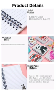 Detail of 96-sheet spiral notebook showing 70g lined pages with cute cartoon motifs