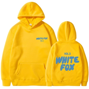 Front and back view of yellow hoodie featuring blue White Fox Vol 3 printed text