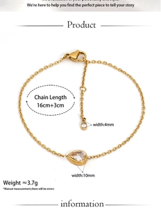Detailed view of gold plated bracelet with teardrop zircon and size specifications