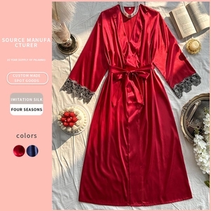 Women Satin Robe Imitation Satin V Neck Long Sleeves Belted Lace Cuffs Loungewear Sleepwear For Home