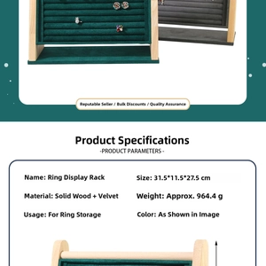 Macro view of wood jewelry display stand with dimensions and green velvet ring slots