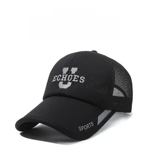 Detail of breathable black mesh baseball cap with white Echoes embroidery and long visor