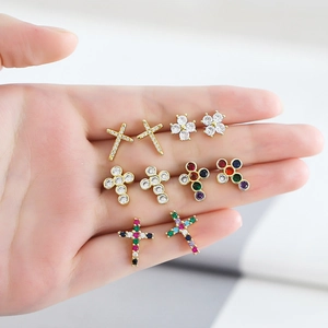 Colorful Zircon Cross Stud Earrings Gold Plated Copper Earring Post Fashion Jewelry For Women Elegant Accessory