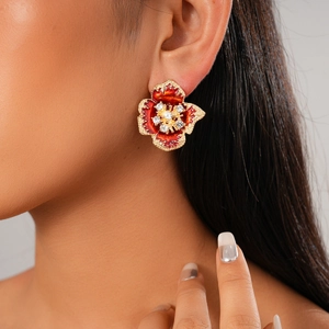 Retro red flower stud earrings with gold trim and crystal rhinestones for women