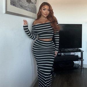 Detail of striped off-shoulder crop top and bodycon skirt set with knit texture