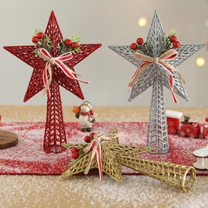 Christmas Tree Topper Star Glitter Hollow Pentagram With Bow Berries Pine Needles Festive Holiday Party Home Decor Ornament