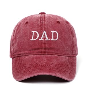 Vintage washed red cotton baseball cap featuring white DAD embroidery on the front crown