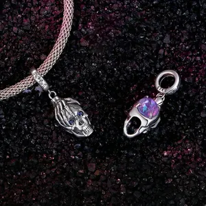 Dark punk S925 sterling silver skull charms with purple gemstone and blue crystals