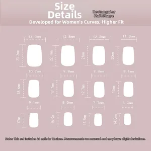 Detailed size guide for 24pcs long square press-on nails with 12 precise dimensions